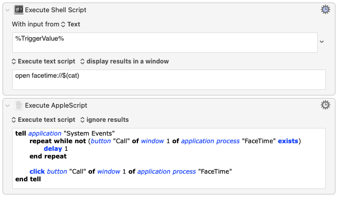 Screenshot of "Keyboard Maestro -> Subroutines -> FaceTime"