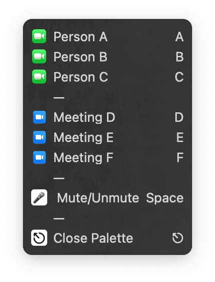 Screenshot of "Keyboard Maestro -> Palettes -> Calls"