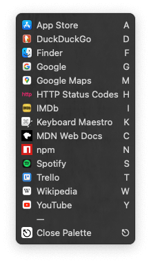 Screenshot of "Keyboard Maestro -> Palettes -> Search"