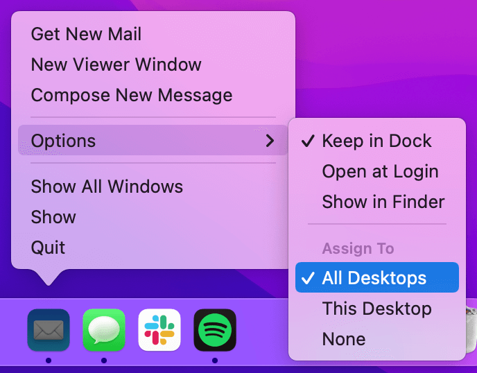 Screenshot of "Dock → Options → Assign To"