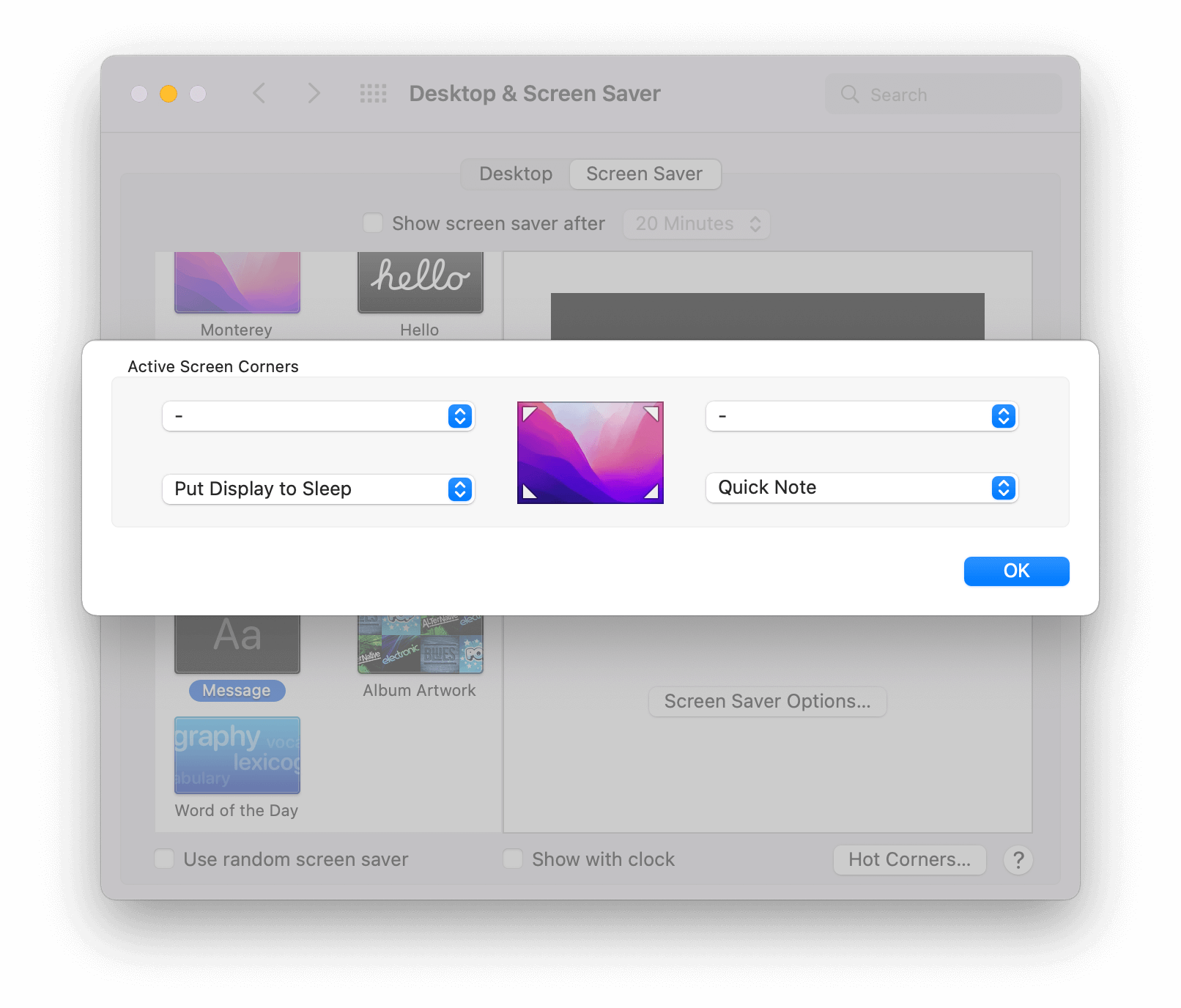 Screenshot of "System Preferences → Desktop & Screen Saver → Hot Corners…"