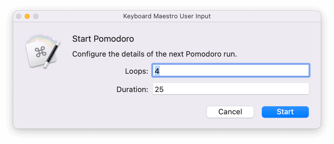 Screenshot of "Keyboard Maestro → Pomodoro → Prompt"