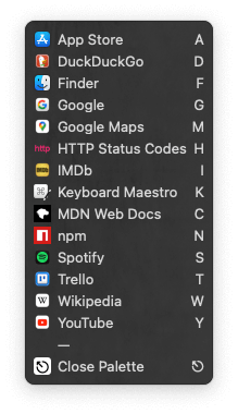 Screenshot of "Keyboard Maestro -> Palettes -> Search"