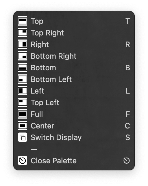 Screenshot of "Keyboard Maestro -> Palettes -> Window Management"